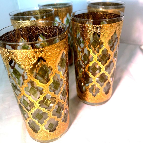 Set of 5 22K gold and green glass highball glasses Valencia Mid Century Modern - Picture 1 of 7